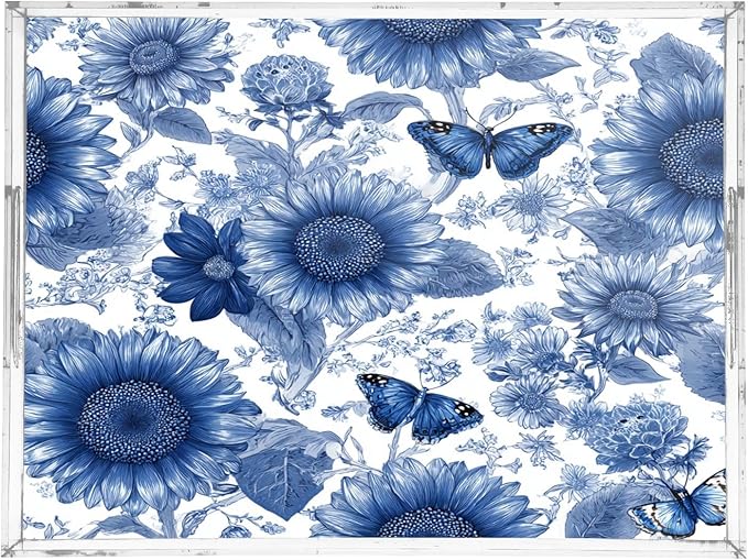 Serving Tray with Handles Clear Acrylic Tray 12x16 Inch Decorative Rectangular Tray Organizer for Ottoman Coffee Table Bathroom Vintage Blue Sunflowers and Butterflies