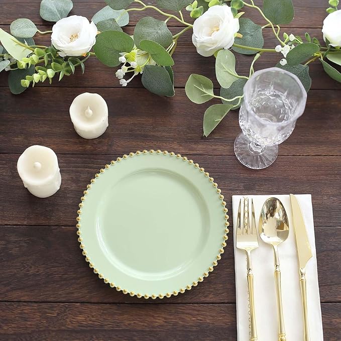 8" Salad Plates - Set of 10 - Plastic Sage Green/Gold Round Disposable Dessert Appetizer Plate Beaded Rim, Ideal for Dinner Party Wedding Bulk Events