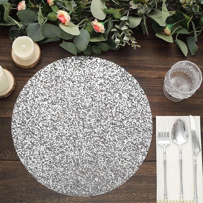 50 Pack 13" Metallic Silver Sequin Placemats - Round Sparkly Dust-Free Table Mats for Dining - Disposable Mesh Mats for Parties and Events