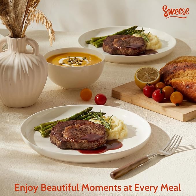 Sweese Porcelain Dinner Plates Set of 6, 10 Inch Lightweight Round Dish Set - Dishwasher, Microwave, Oven Safe, Scratch Resistant, Kitchen Serving Dishes - White