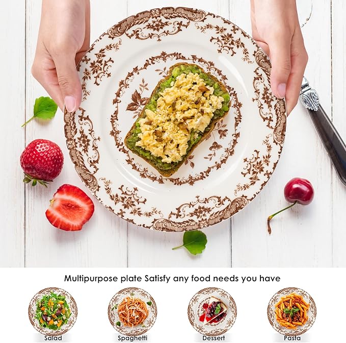 Salad Plates, 8.5 Inch Ceramic Plates Set of 6, Kitchen Plates Microwave Safe Plate, White Porcelain Dessert Porcelain Serving Dishes, Brown