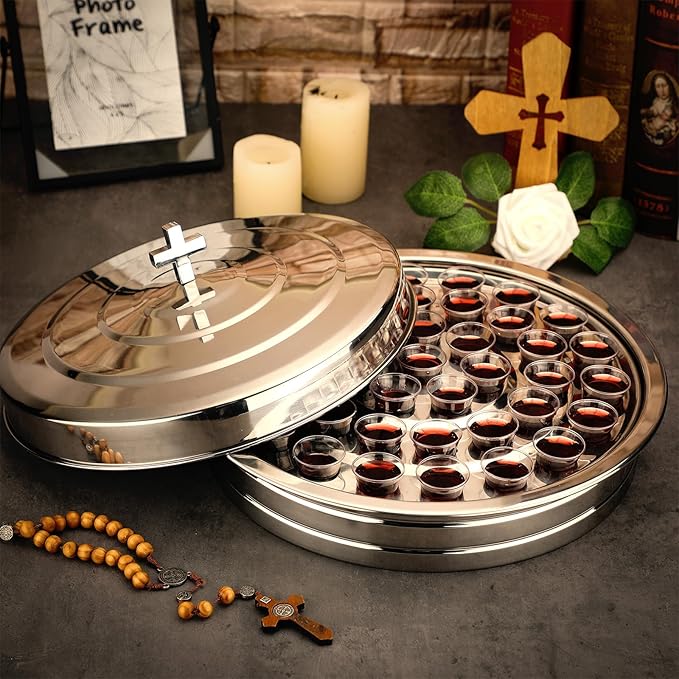 Polished Communion Tray Cover Stainless Steel Silver Holy Cup Tray Cover for Church Serving Plate First Communion Supplies