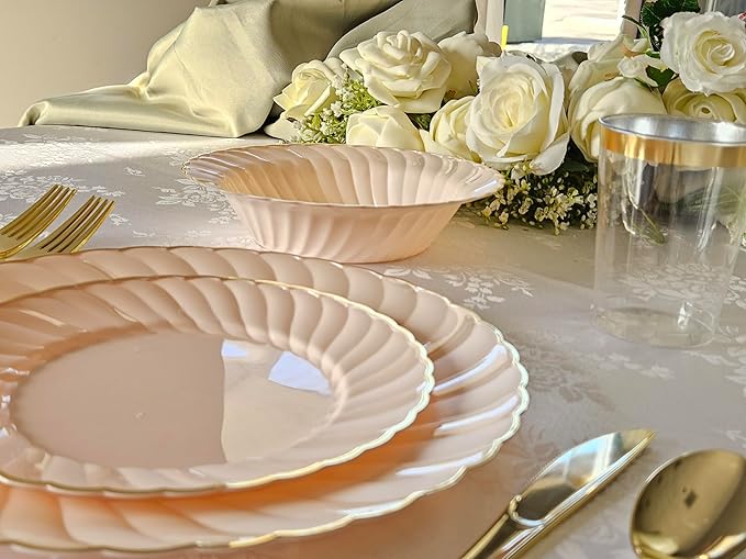 " OCCASIONS " 50 Plates Pack (25 Guests)-Vintage Wedding Party Disposable Plastic Plate Set -25 x 10.25'' Dinner + 25x7.5'' Salad/dessert plates (Blossom Blush Pink & Gold)