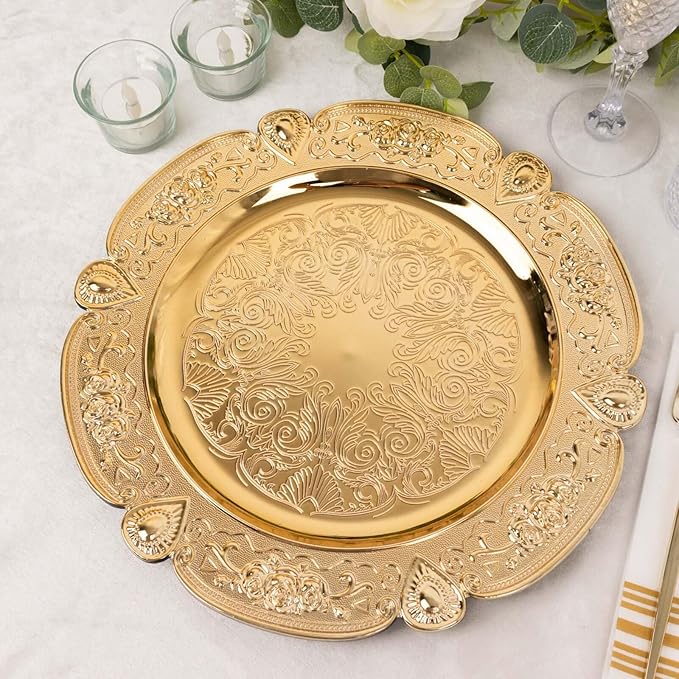 Efavormart 6 Pack Gold Floral Embossed Acrylic Charger Plates With Scalloped Rim, 13" Round Plastic Decorative Serving Plates