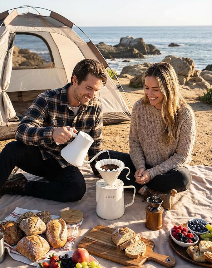 AGOGO Portable Pour Over Coffee Maker V60 Set - Easy Cleaning Compact 304 Stainless Steel Dripper for Camping & 50 Filters Paper & Cleaning Rag Cream 30oz