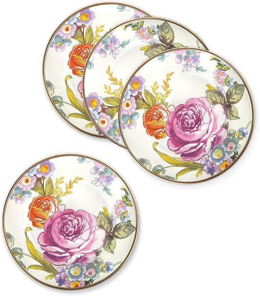 MACKENZIE-CHILDS Set of 4 Enamel Appetizer Plates, Mini Dessert Plates, 5 Inches, White Flower Market