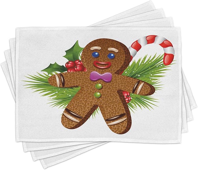 Ambesonne Gingerbread Man Place Mats Set of 4, Tasty Pastry on Coniferous Branches Candy Cane and Holly Berry, Washable Fabric Placemats for Dining Table, Standard Size, Brown and Green
