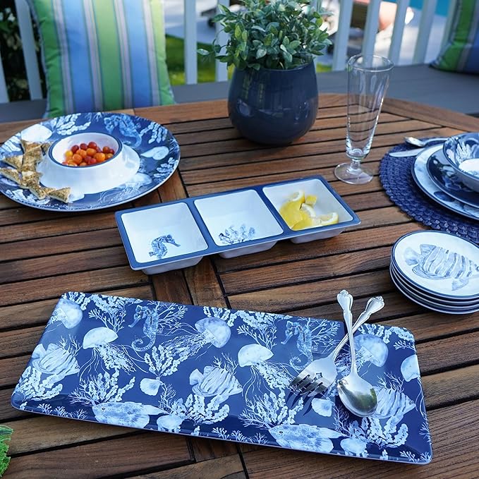 Sea Life Melamine 3-Piece Hostess Serving Set – Coastal Ocean-Themed Chip & Dip Bowl, 3-Section Relish Tray, and Rectangular Platter, Break-Resistant Nautical Tableware, Dishwasher Safe
