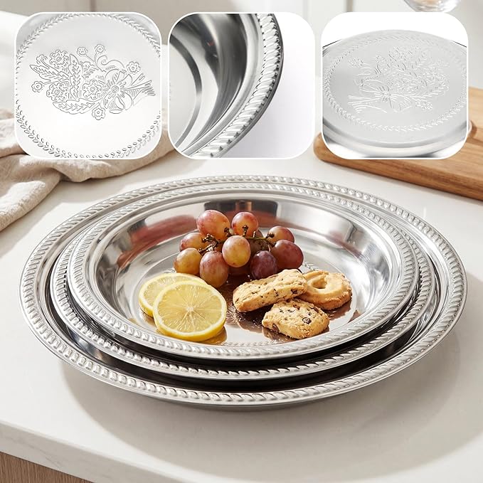 3 Pack Stainless Steel Large Silver Serving Trays Round Serving Platters 15.75" 13.78" 11.8" Metal Tray Set Mirror Tray for Party Kitchen Charcuterie(Floral Engraved)