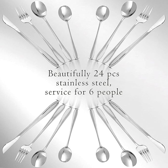 Moss & Stone 24 pcs Silverware Set For 6, Stainless Steel Flatware Set, Utensils Set Mirror Polished Includes Fork Spoon Knife & Tea Spoon, Modern Silverware Set