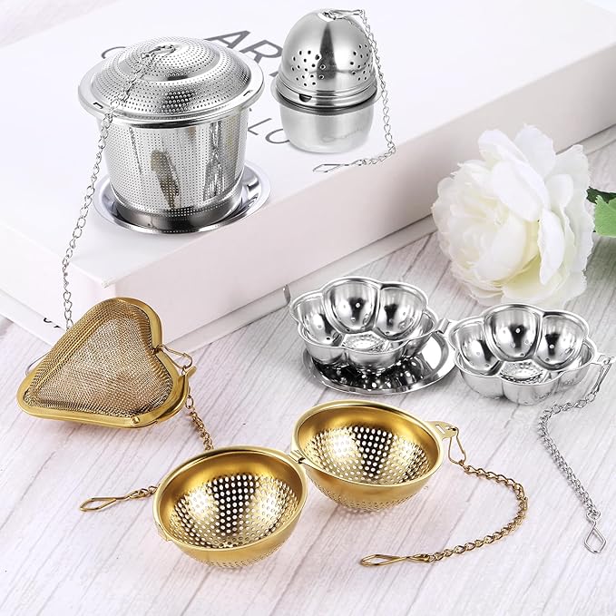 uxcell Tea Infuser Filter, Loose Tea Steeper, Stainless Steel Tea Strainer, Egg Tea Ball with Chain and Drip Tray for Brew Loose Leaf Tea, Silver