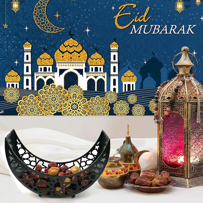 Eid Mubarak Moon Star Tray, Ramadan Decoration Ramadan Trays, Muslim Wooden Plate Tray Moon Star Shaped Food Fruit Serving Tray, Eid Mubarak Dessert Tray for Ramadan Festival Party(Silver A1)