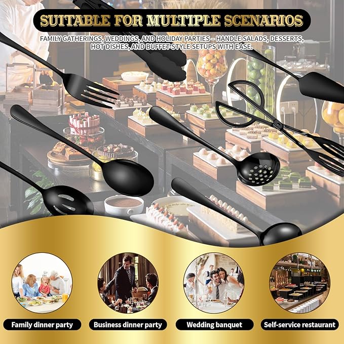 30Pcs Serving Utensils Set Serving Spoons, Buffet Tongs, Cake Spatula, Forks, Perforated Ladles, Soup Scoops, Skimmers and Black Heavy-Duty Serving Tongs (Black)