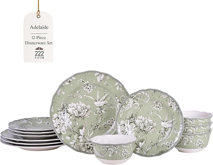 222 Fifth Adelaide Sage Porcelain 12-Piece Dinnerware Set – Service for 4, Includes Dinner Plates, Salad Plates & Cereal Bowls, Durable Porcelain, Dishwasher Safe, for Everyday Dining & Entertainment