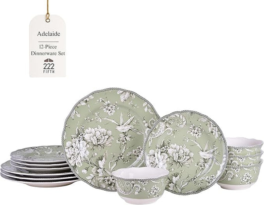 222 Fifth Adelaide Sage Porcelain 12-Piece Dinnerware Set – Service for 4, Includes Dinner Plates, Salad Plates & Cereal Bowls, Durable Porcelain, Dishwasher Safe, for Everyday Dining & Entertainment