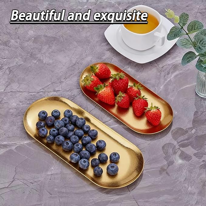 2 Pcs 7x3.35Inch Gold Stainless Steel Decorative Tray, Oval Stainless Steel Small Serving Trays for Tea Fruit, Jewelry Plate, Decorative Storage Tray