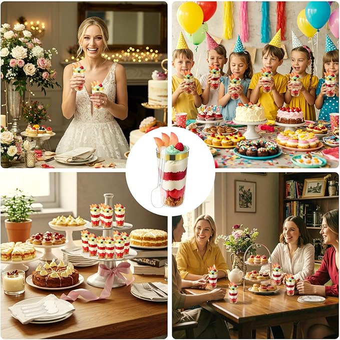 200 Pcs Christmas Dessert Cups with Spoons Small Plastic Goblets Disposable Parfait Pudding, Mousse, Appetizer Cups Set for Fall Thanksgiving Wedding Party(Gold Rim,3 oz,Round)