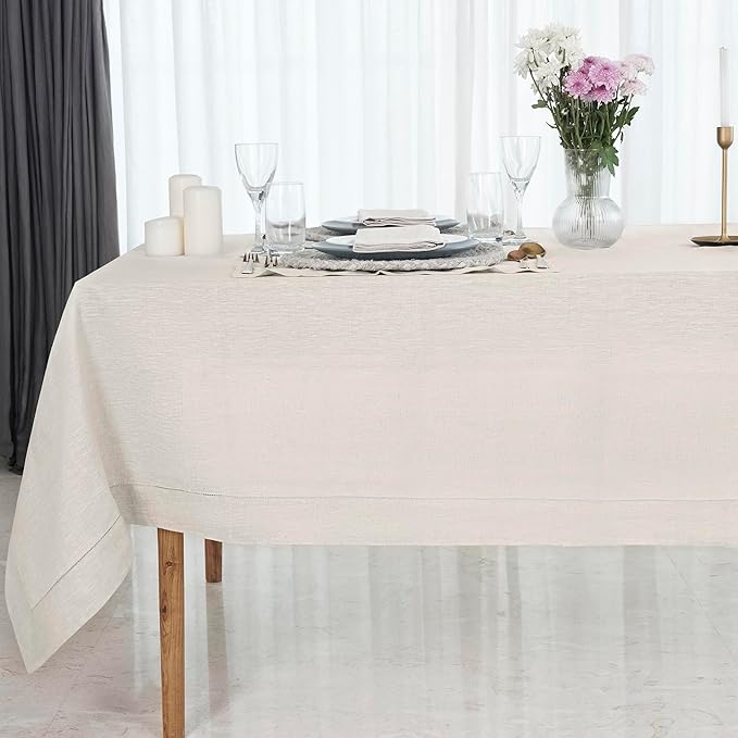 D'Moksha Homes Linen Tablecloth for Rectangle Tables 60 x 144 Inch - 100% Pure Linen Light Natural Table Cloth - Machine Washable Cloth Tablecloth for Winter, Christmas, Holiday, New Year