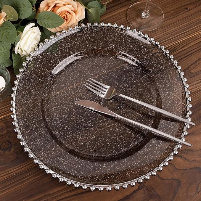 Efavormart 6 Pack | 12" Black/Silver Glitter Acrylic Plastic Charger Plates With Beaded Rim
