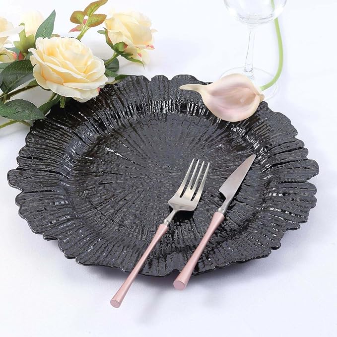 13" Charger Plates - Set of 12 - Acrylic Black Round Reef Disposable Chargers, Ideal for Dinner Party Wedding Holiday Bulk Events