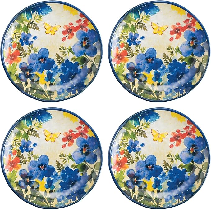 UP UPware Butterfly Floral Melamine Round Dessert Plates, Small Serving Plates, for Appetizer, Snacks, and Side Dishes, Blue, 6 Inch, Set of 4