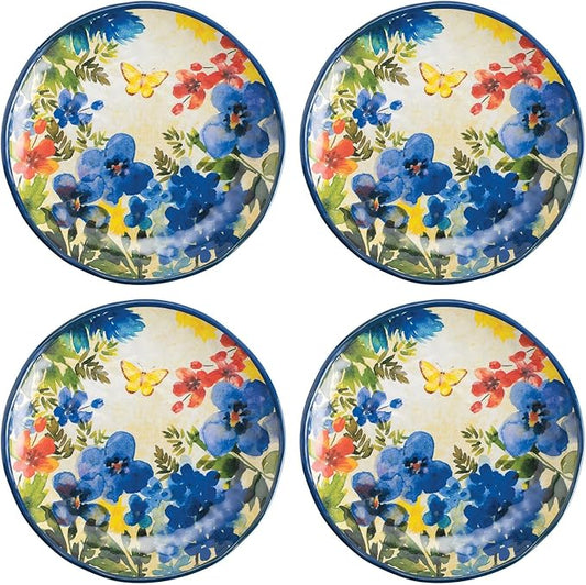 UP UPware Butterfly Floral Melamine Round Dessert Plates, Small Serving Plates, for Appetizer, Snacks, and Side Dishes, Blue, 6 Inch, Set of 4