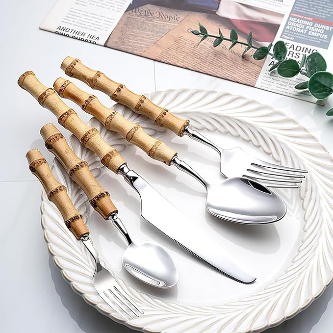 bamboo handle flatware sets for 8, 40 Piece Natural bamboo handle cutlery sets, silverware sets, dinnerware tableware set, Mirror Finished (40-Piece for 8)