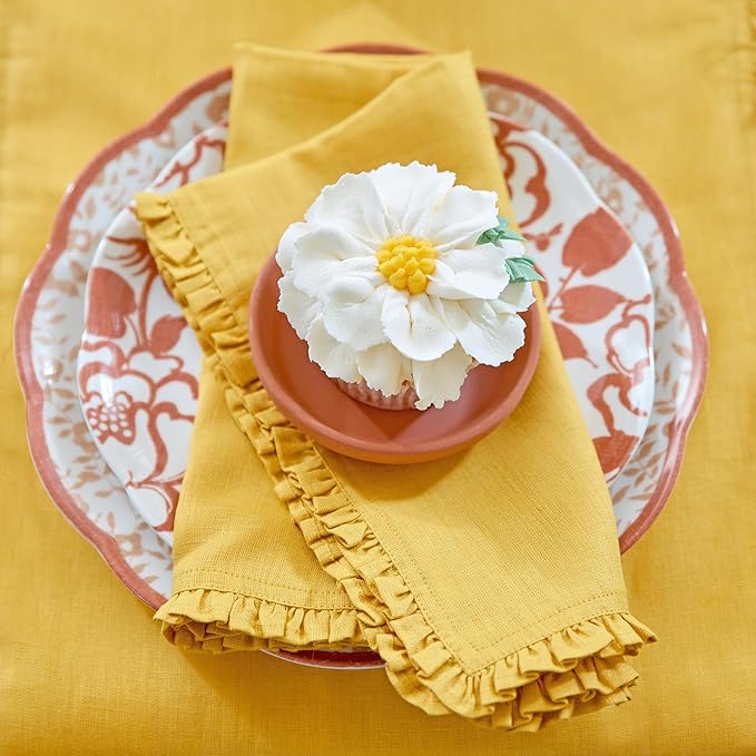 Solino Home Mustard Yellow Linen Dinner Napkins 20 x 20 Inch - 100% Pure Linen Juliette Ruffle Cloth Napkins Set of 4 - Handcrafted and Machine Washable