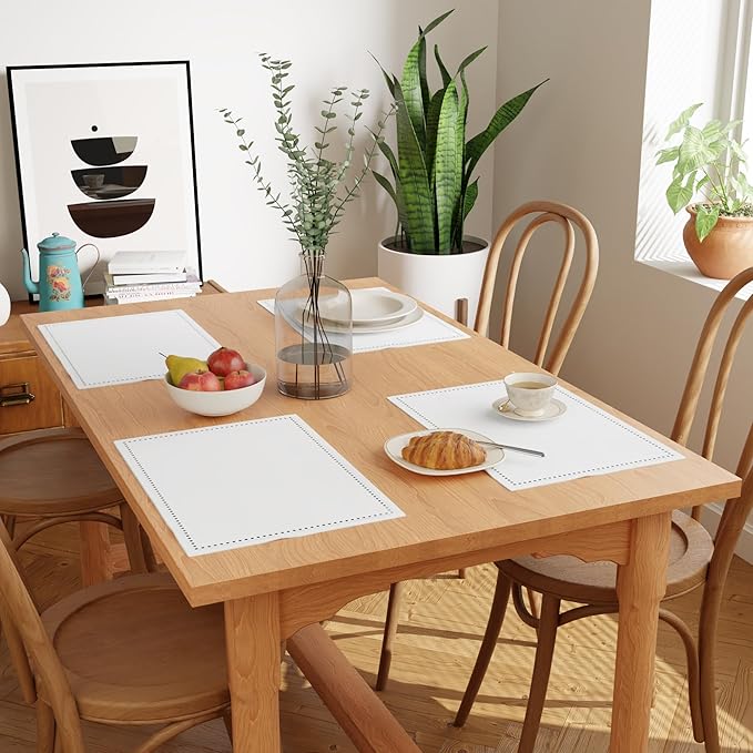 Encasa XO Placemats Set of 4 | Cotton Hemstitched Design | White | Rectangular 19"x13" - Dining Table Mat | for Dining Table Fall Decoration, Holiday & Christmas Festivals - Machine Washable
