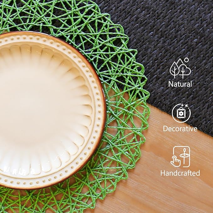 AHHFSMEI Paper Braided Round Placemats Set of 8 Natural Non-Slip Heat Resistant Table Mats for Dining Tables Woven Indoor Outdoor Place mats for(Forest Green,8)