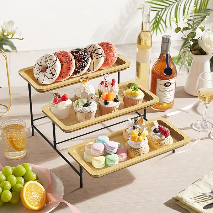 Lifewit 3 Tier Bamboo Serving Tray for Party Supplies, 12" x 6.5" Platters for Serving Food, Reusable Trays with Black Metal Display Stand for Veggie, Fruit, Cookies, Dessert