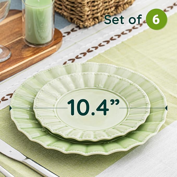 HOMBENE Dessert Dinner 10.5 Inches Set for 6, Ceramic Plates, Salad Serving Plates, Wavy Style, Microwave & Dishwasher Safe Plates for Cake Waffles Snacks (Mint Glow Green)