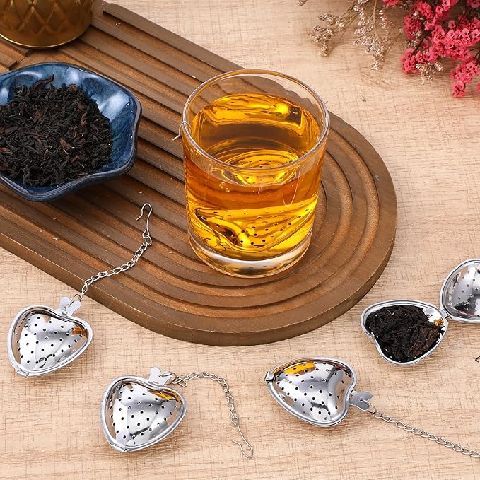 50 Pcs Stainless Steel Heart Shaped Tea Infuser, Loose Leaf Steeper with Mesh Filter and Extended Chain Hook for Cup Bottle Tea Party, Silver