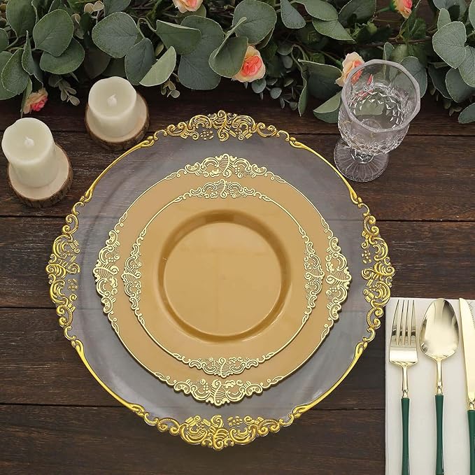 10" Dinner Plates -Set of 30 - Plastic Gold Round Baroque Disposable Chargers Leaf Embossed Rim, Ideal for Dinner Party Wedding Bulk Events