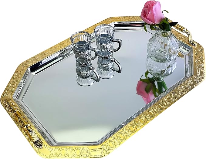(Pack of 2) 20.8 inch x 14.4 inch Octagonal Chrome Plated Silver Serving Tray with Handles Mirror Iron Gold Edge Floor Pattern Engraved Party Buffet Wine Platter Plate TTL-016