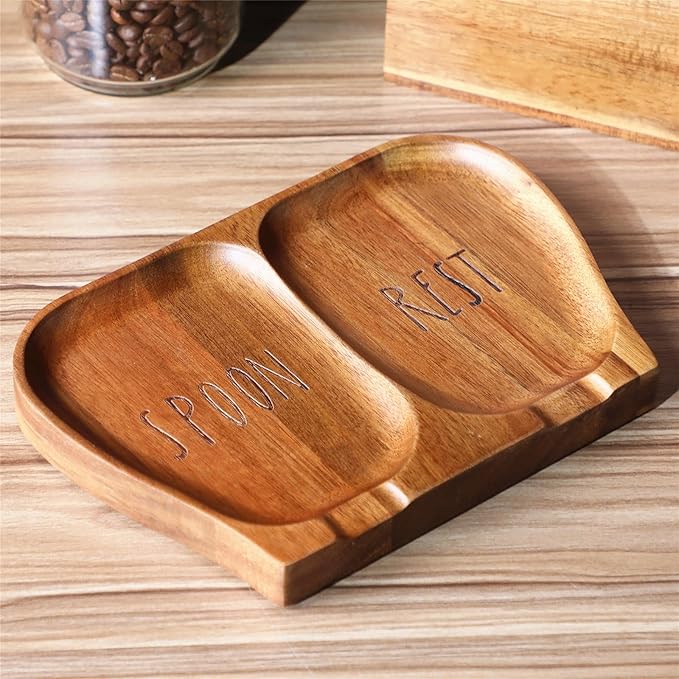 Large Acacia Wood Spoon Rest, Double Wooden Spoon Holder With Non Slip Silicone Feet, Handmade Kitchen Rest for Kitchen Countertop (Brown(Labeled "SPOON REST"))