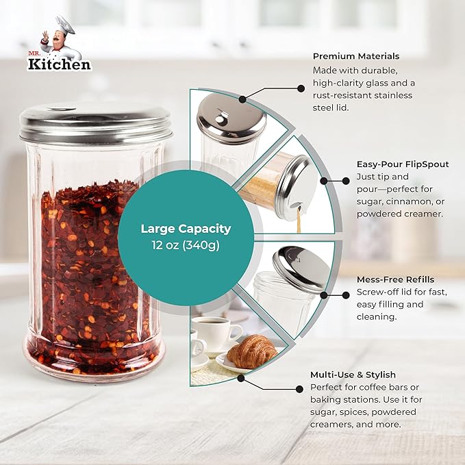 2 Pack Salt Sugar Shaker dispenser - Powder Sugar Dispenser Canisters - Glass Sugar Container with lid - Spice, Cinnamon, Baking Soda, Pourer Bottle Jar holder for Coffee Bar or Kitchen Countertop