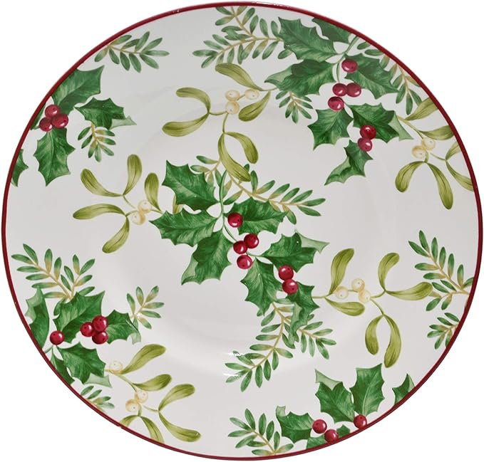 222 Fifth Christmas Foliage 12-Piece Porcelain Dinnerware Set for 4 - Glossy White Plates and Bowls Sets with Green Holly and Berry Design, Durable Ceramic Dish Set for Holiday Dining, Elegant Dishes