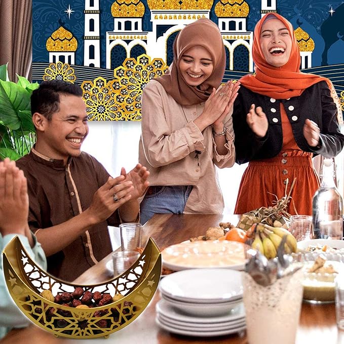 Eid Mubarak Moon Star Tray, Ramadan Decoration Ramadan Trays, Muslim Wooden Plate Tray Moon Star Shaped Food Fruit Serving Tray, Eid Mubarak Dessert Tray for Ramadan Festival Party(Silver A1)