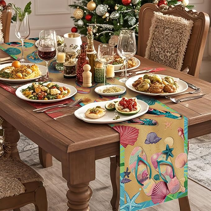 Beach Slippers Table Runner Seasonal Holiday Kitchen Dining Linen Table Decoration for Indoor Outdoor Home Party Decor 13 x 72 Inch