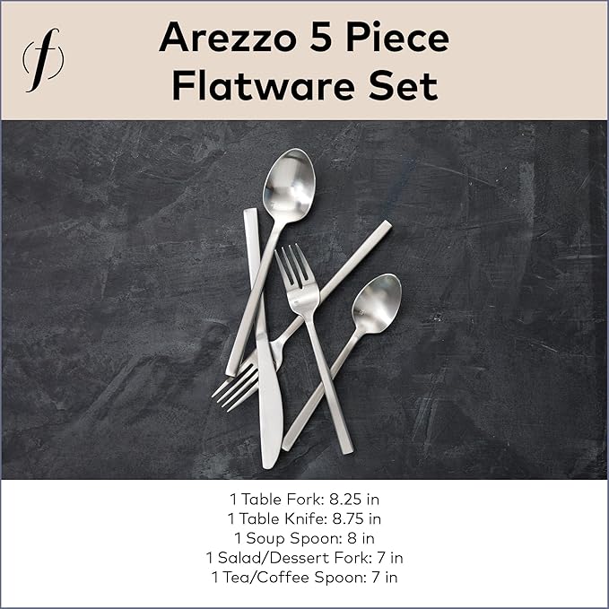 FORTESSA Arezzo 18/10 Stainless Steel Flatware, 5 Piece Place Setting With Knife, Forks and Spoons (Service For 1), Dishwasher Safe, Brushed Silver