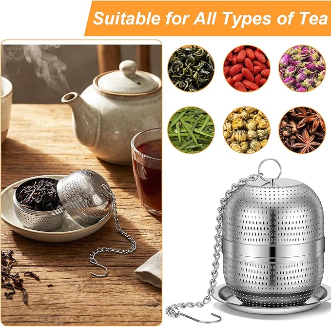 Tea Ball Infuser for Loose Tea, Stainless Steel Mesh Loose Leaf Steeper Diffuser with Drip Tray, Extra Fine Mesh Tea Strainer with Chain Hook and Threaded Lid for Black Tea, Rooibos, etc