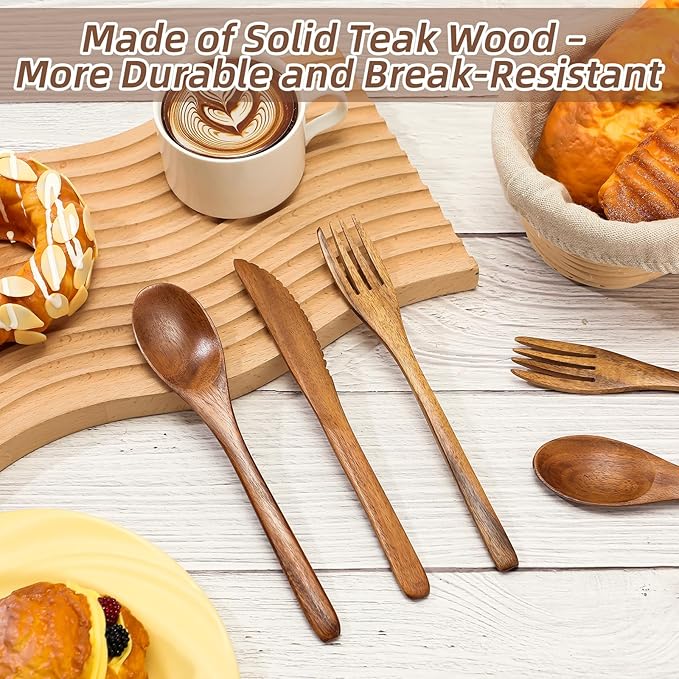 Geiserailie 12 Pcs Wooden Utensils for Eating Set Wooden Spoon Fork Knife Cutlery Set Kitchen Wood Utensils Dinner Flatware Tableware (Teak Wood)