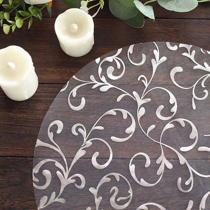 50 Pack 13" Silver Sheer Organza Placemats - Round Embossed Foil Flower Design Disposable and Elegant