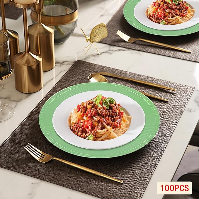 100 Pcs Antique Charger Plates Bulk 13 Inch Embossed Rim Plastic Party Dinner Plate Chargers Round Decorative Server Plate for Wedding Party Event Tableware (100pcs-green3)