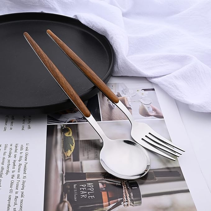 24-Piece Silverware Set for 6, Silver Mirror Polished Stainless Steel Flatware Set, Wooden Effect Handle Utensil Set for Home Hotel Restaurant, Family Cutlery Set Include Knife Fork Spoon