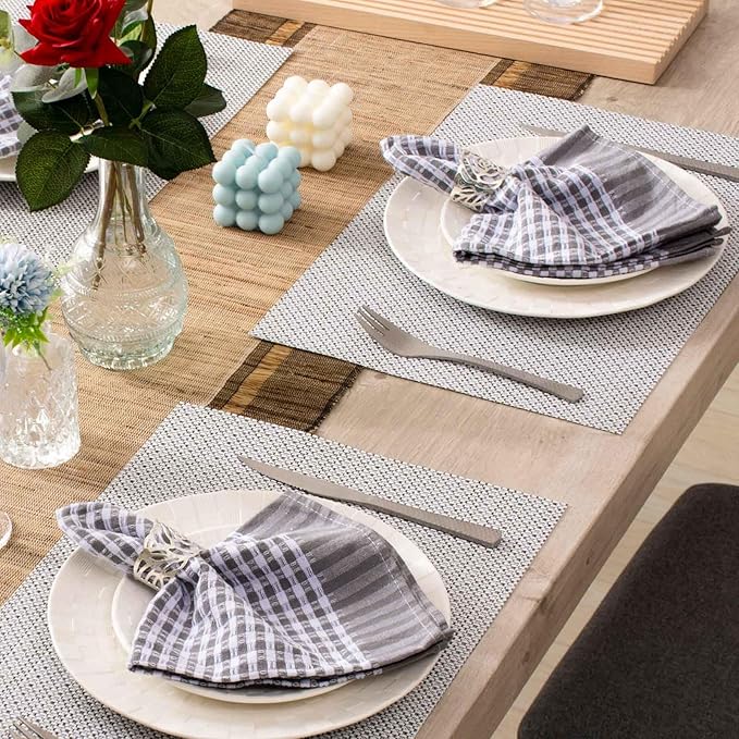 AHHFSMEI Placemats for Dining Table Set of 4 Woven Vinyl Plastic Place Mats Non-Slip Heat Insulation Stain Resistant Table Mats Washable Easy Clean Placemats (White Grey Silver 4)