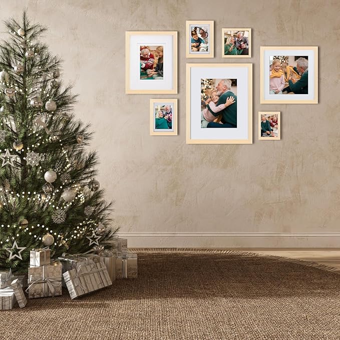 Egofine 11x14 Picture Frames Set of 4, Made of Solid Wood Covered by Plexiglass 5x7 and 8x10 with Mat or 11x14 without Mat, for Table Top Display and Wall Mounting Photo Frame Oak Wood