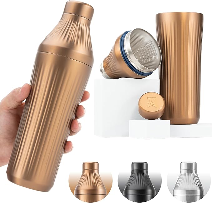 Elevated Craft Diamond Edition Hybrid Cocktail Shaker Set - Premium Vacuum Insulated Brushed Copper, 28 oz, Includes Built-In Strainer, Precise Measuring Top & XL Polishing Cloth - Martini Shaker