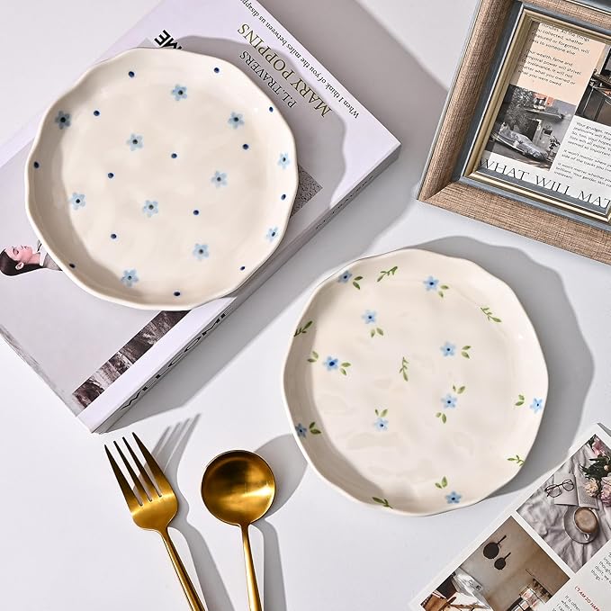 Koythin Ceramic Dessert Plates, Cute Fruits Dinner Plate, Creative Plates Design, Printed Flowers Dinnerware for Office and Home, Kitchen Plates for Desserts (Cute Bow)